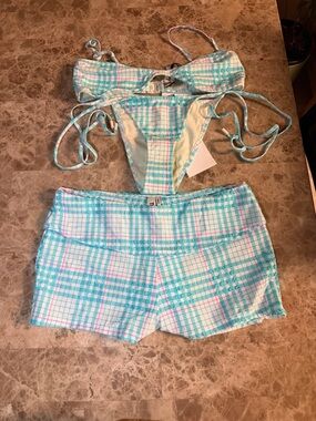 triangl swimwear Aqua & Pink Plaid Two-Piece Set